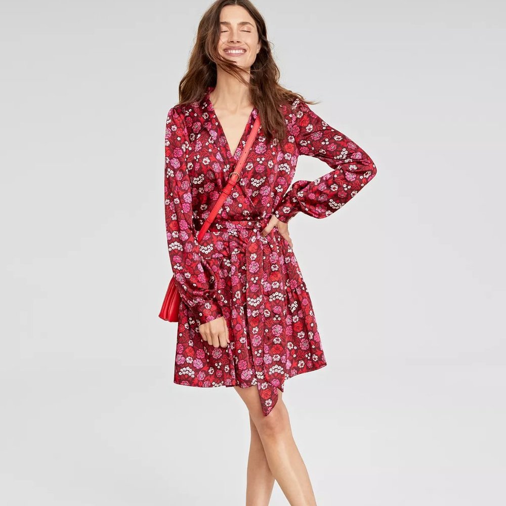 Women's Floral-Print Satin Collared Wrap Dress, Created for Macy's